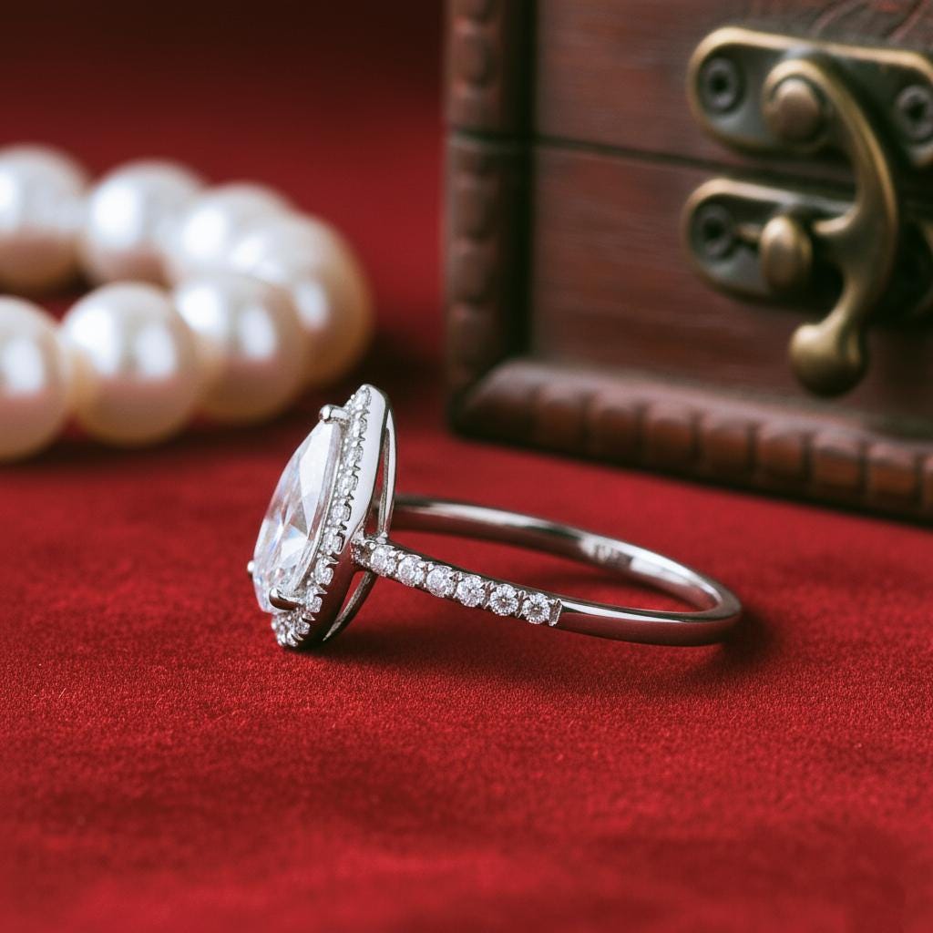 Pear Cut Moissanite Wedding Pave Set Ring,  Art Deco 14k Yellow Gold Halo Dainty Solitaire Engagement Promise Ring