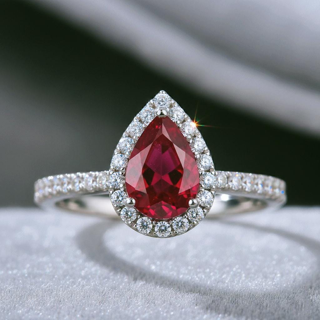Sterling Silver Pear Ruby Engagement Ring, Simulated Diamond Halo Solitaire