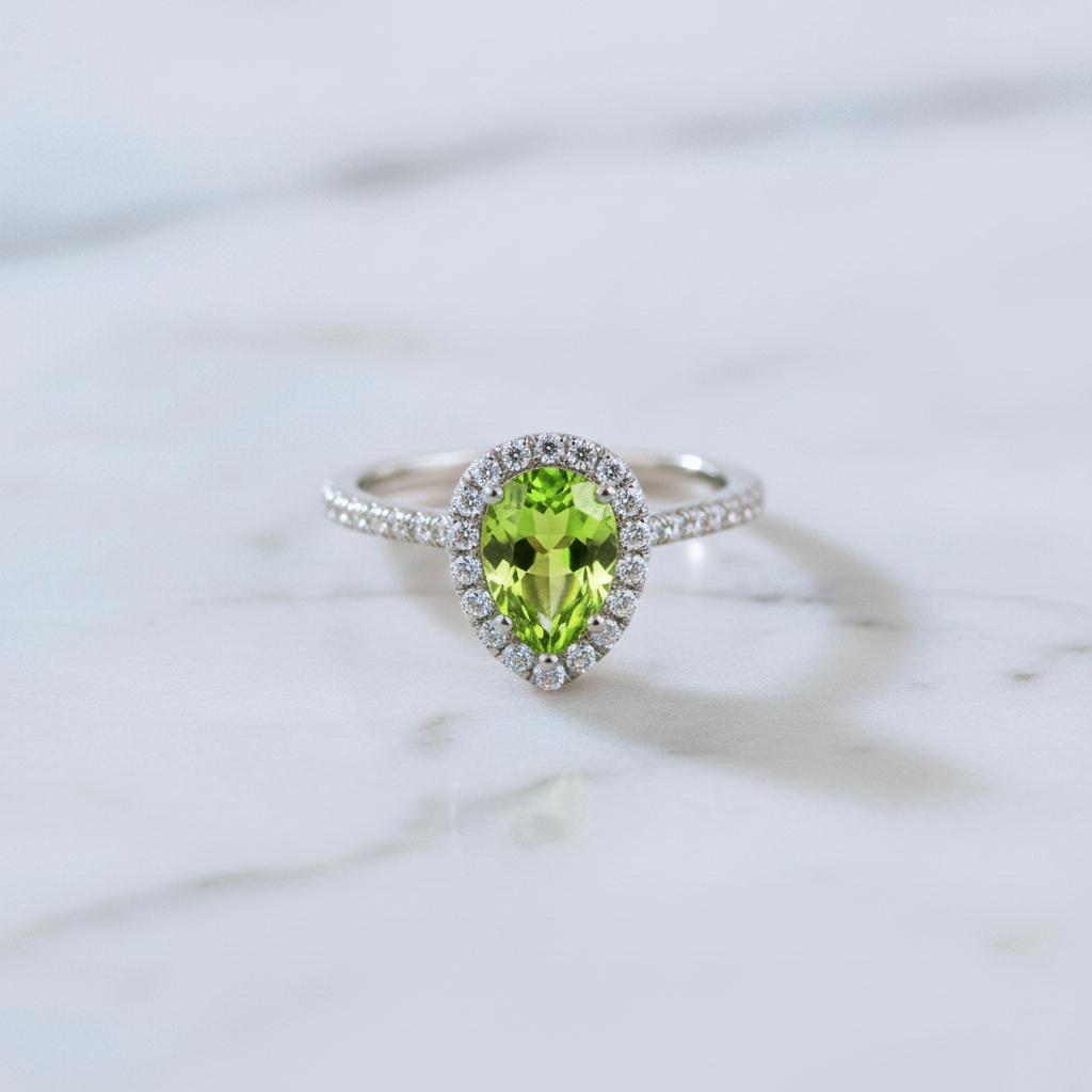 Pear Cut Peridot Ring: Sterling Silver Green Stone Engagement Ring