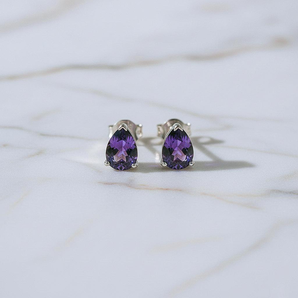 Handmade Pear Cut Natural Amethyst Studs: 925 Sterling Silver Earrings