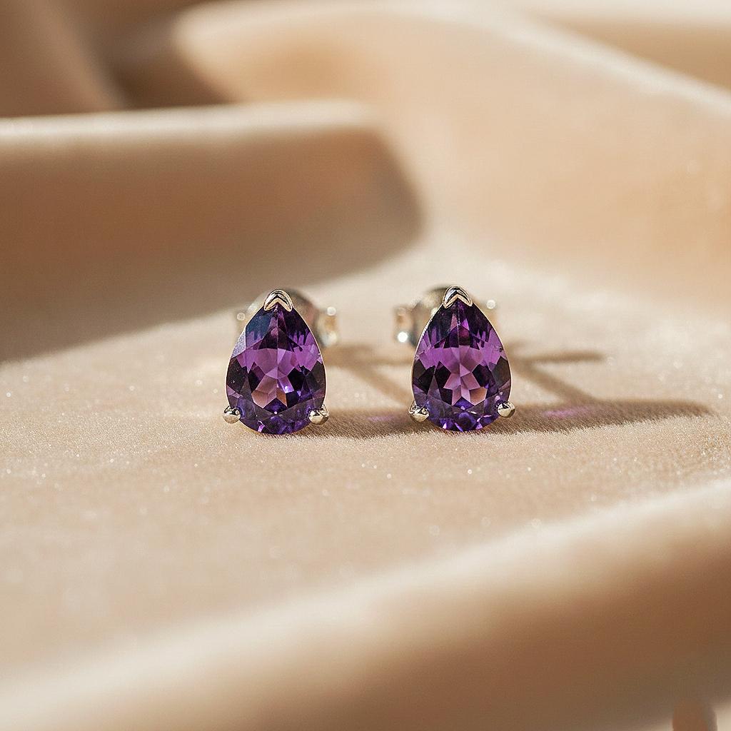 Handmade Pear Cut Natural Amethyst Studs: 925 Sterling Silver Earrings
