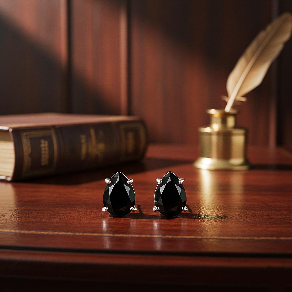 Handmade Pear Cut Black Onyx Studs: 925 Sterling Silver Earrings
