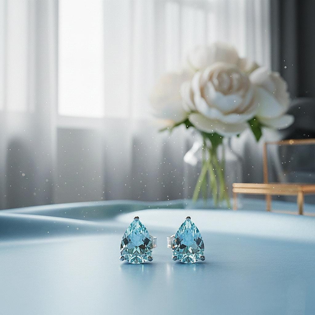 Handmade Pear Cut Aquamarine Studs: 925 Sterling Silver Earrings