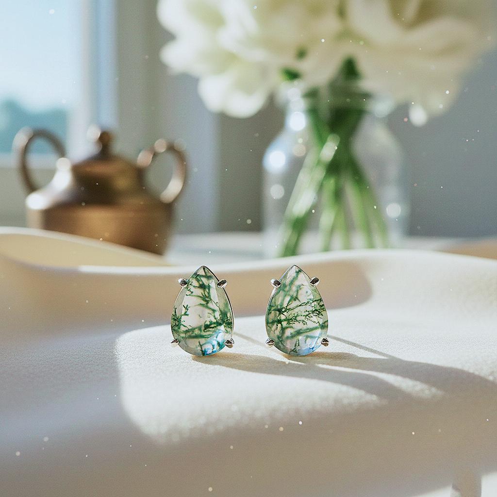 Handmade Pear Cut Natural Moss Agate Studs: 925 Sterling Silver Earrings