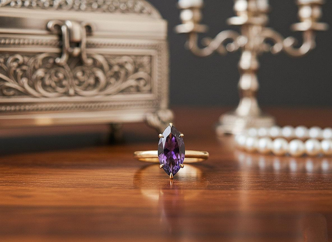 Amethyst Ring, Marquise Cut 925 Sterling Silver, Yellow Gold Vermeil