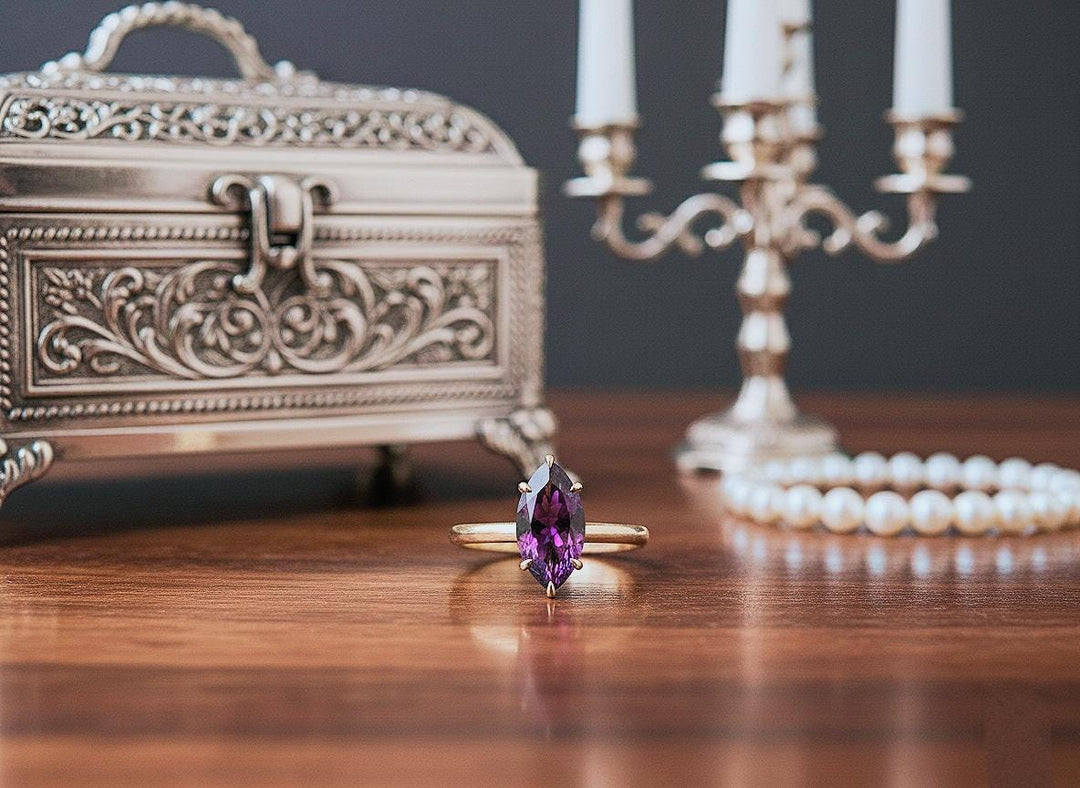Amethyst Ring, Marquise Cut 925 Sterling Silver, Yellow Gold Vermeil