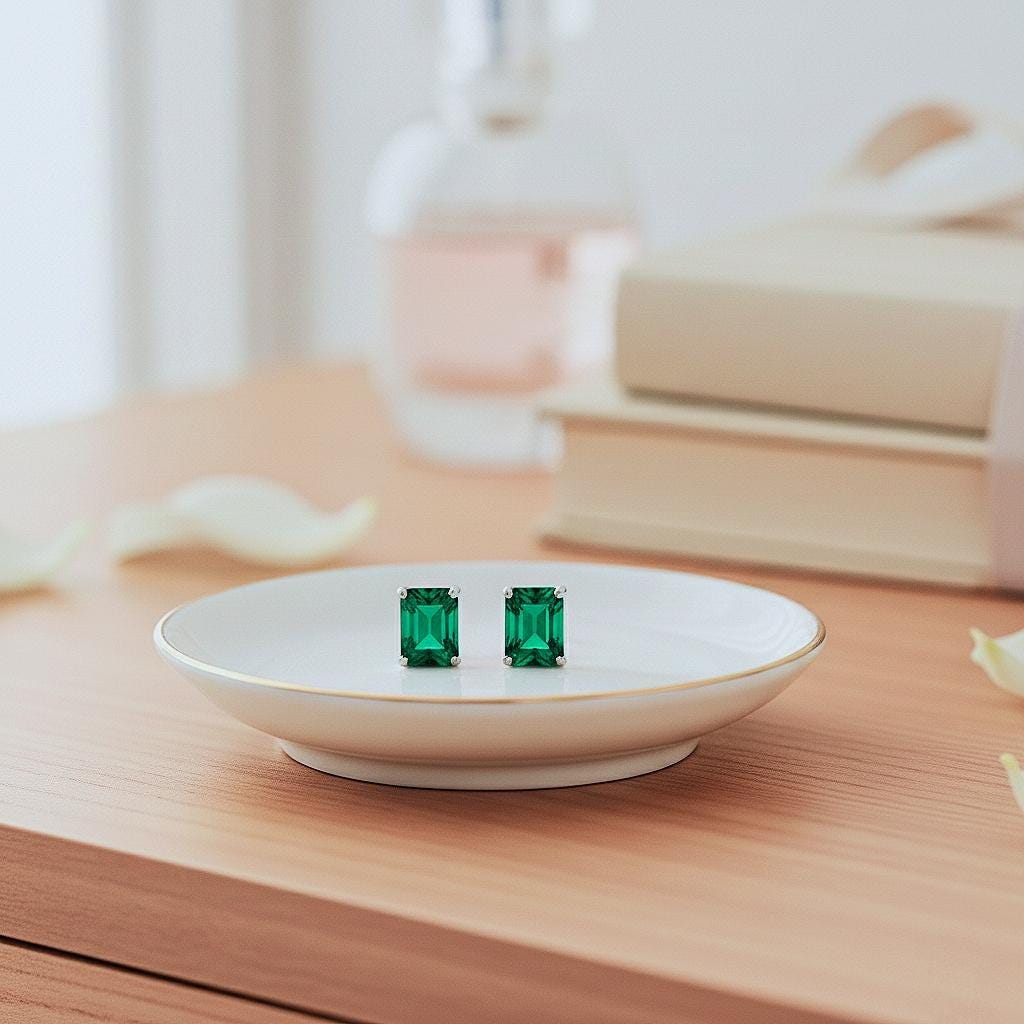 Emerald Earrings, Handmade Emerald Cut  Emerald Studs: 925 Sterling Silver Earrings