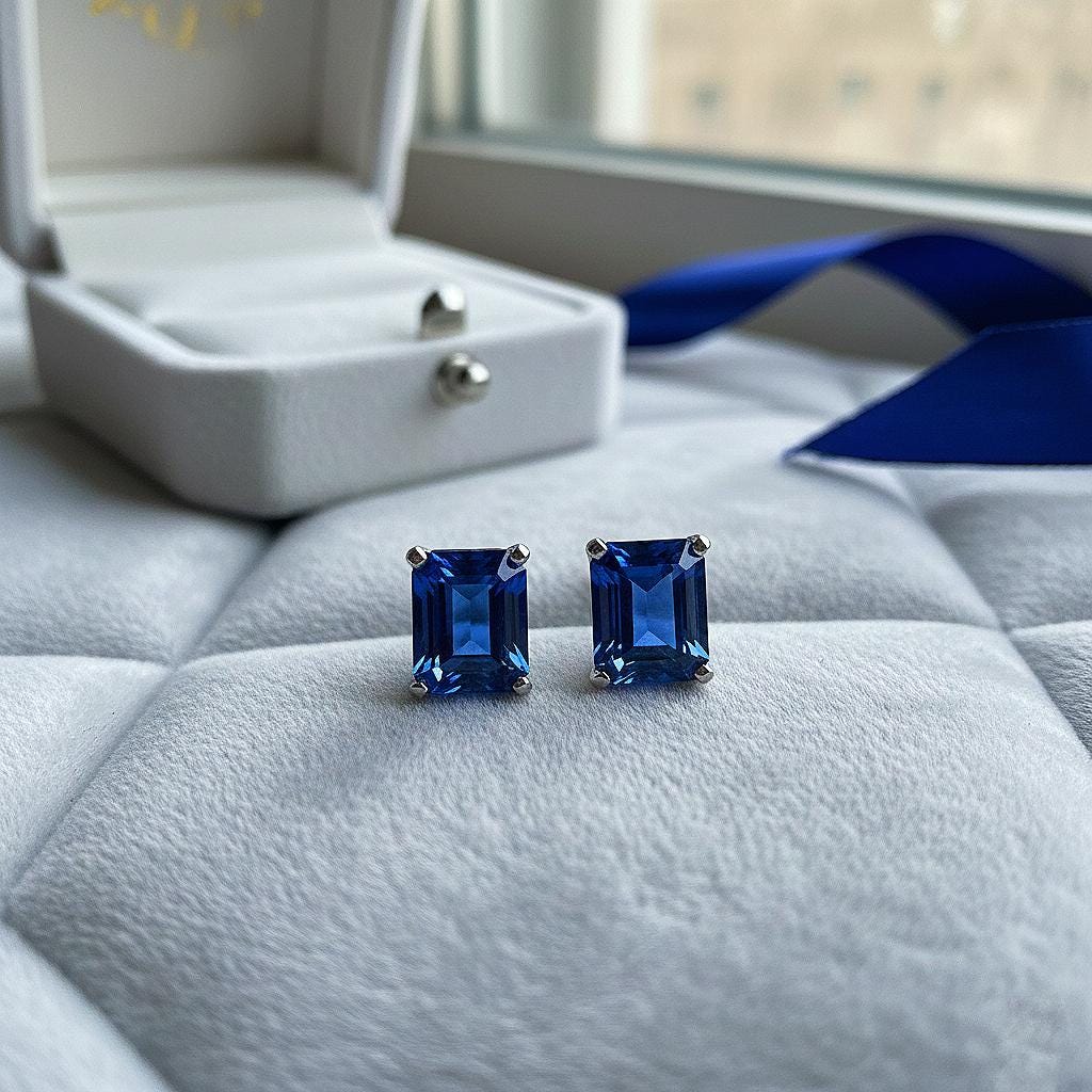 Blue Sapphire Earrings, Emerald cut Studs, Lab Grown Sapphire, Handmade Emerald Cut Blue Sapphire Studs: 925 Sterling Silver Earrings