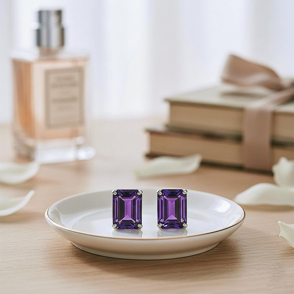 Handmade Emerald Cut Natural Amethyst Studs: 925 Sterling Silver Earrings