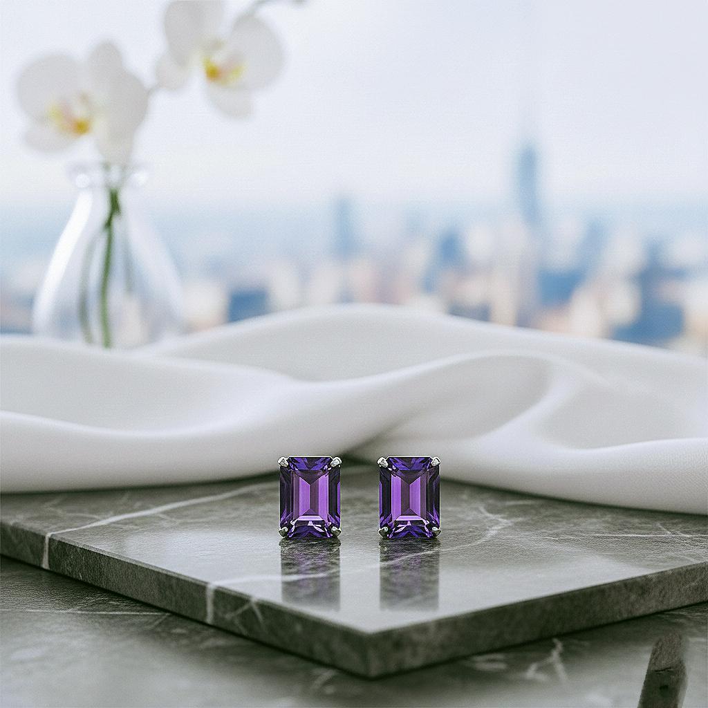 Handmade Emerald Cut Natural Amethyst Studs: 925 Sterling Silver Earrings