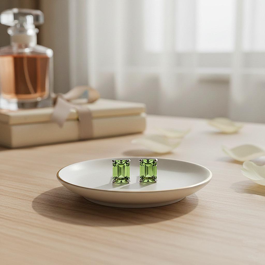 Peridot Earrings, Handmade Emerald Cut Peridot Studs: 925 Sterling Silver Earrings