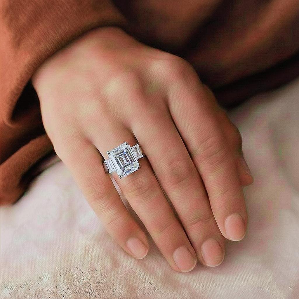Three Stone Emerald Cut Moissanite Engagement Ring, Sterling Silver Prong Set (8x10mm)