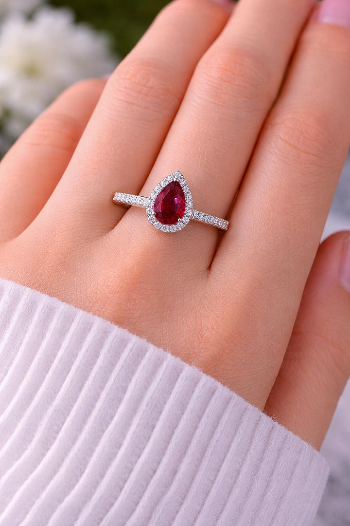 Sterling Silver Pear Ruby Engagement Ring, Simulated Diamond Halo Solitaire