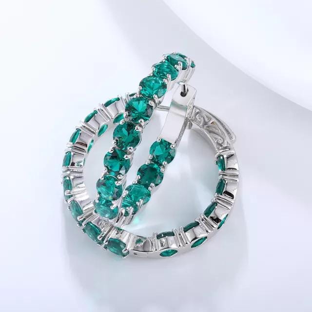 Emerald Hoop Earrings: Sterling Silver May Birthstone Gift