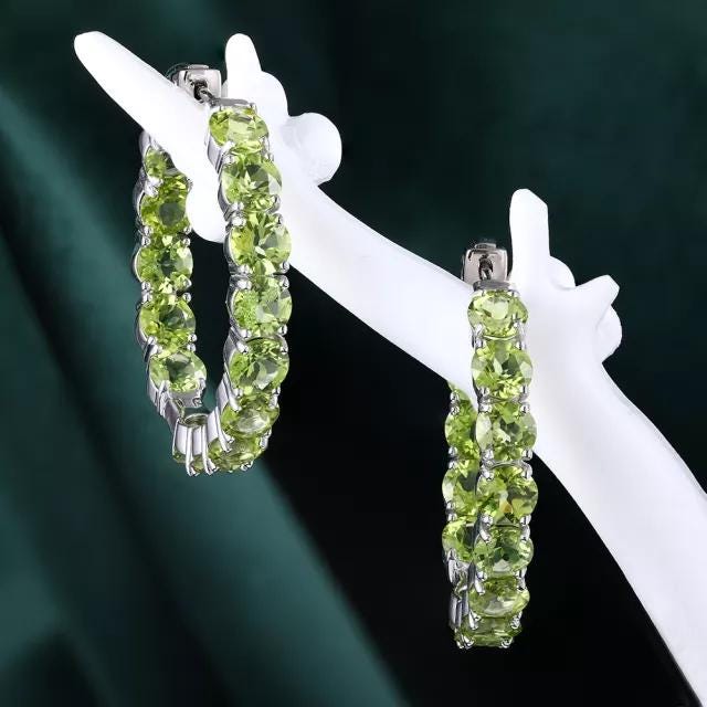 Peridot Hoop Earrings, Sterling Silver, Round Cut Gemstone, August Birthstone Rings