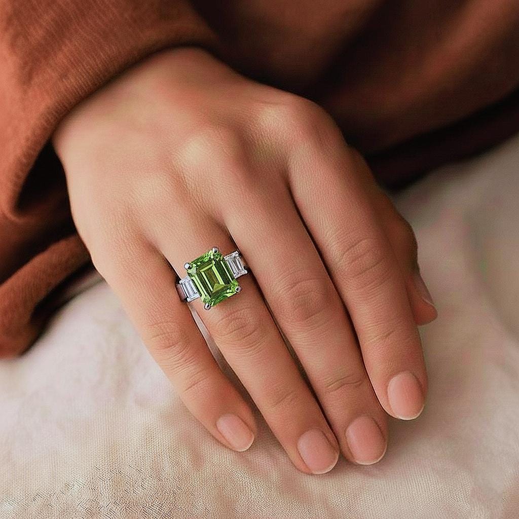 Emerald Cut Peridot Ring: 925 Sterling Silver, Simulated Diamond Accents