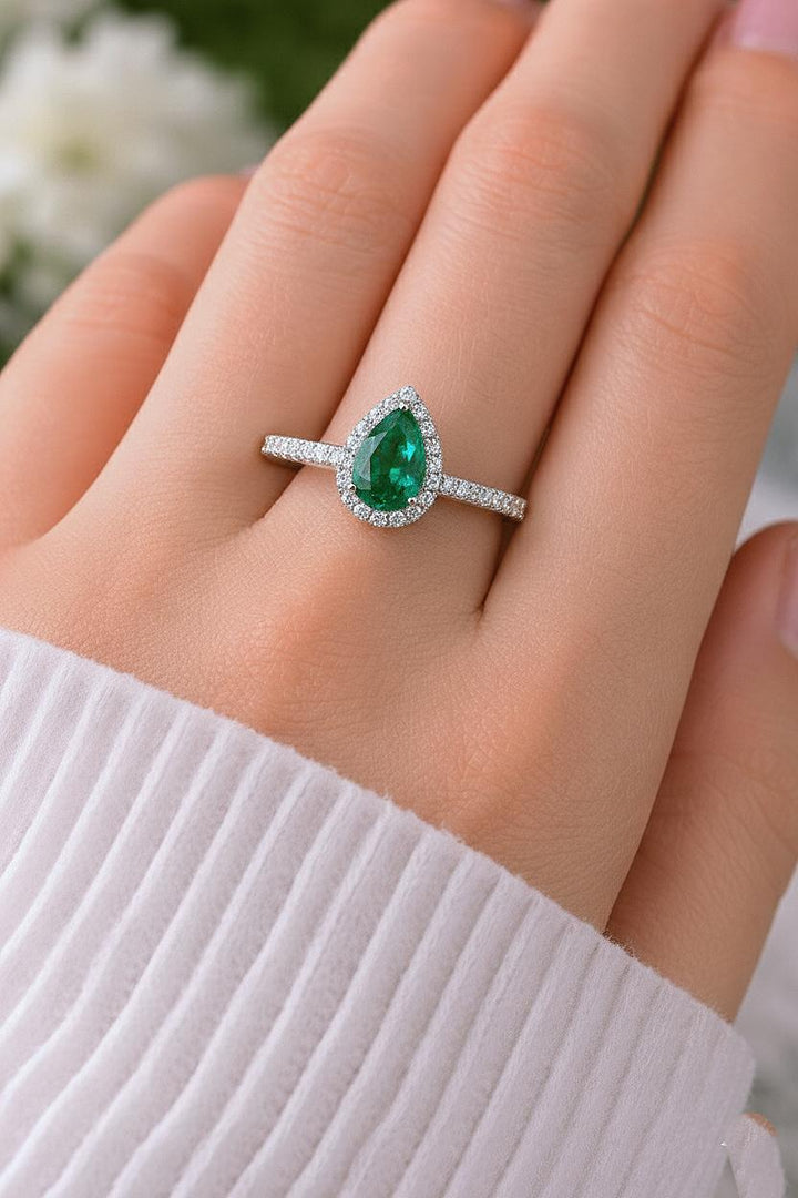 Pear Emerald Engagement Ring: 14k Gold or Sterling Silver, Simulated Diamond Accents