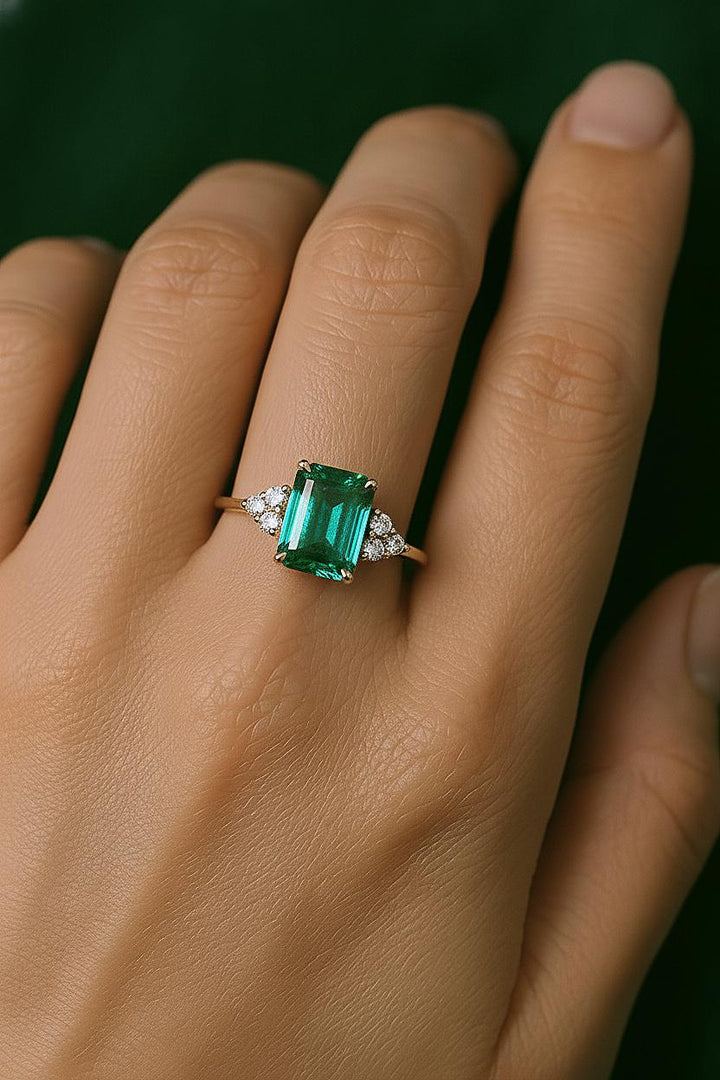 Genuine Emerald Gold Ring, 14K Gold Vermeil Lab Emerald Engagement Ring, Statement Ring, Birthday gift for her