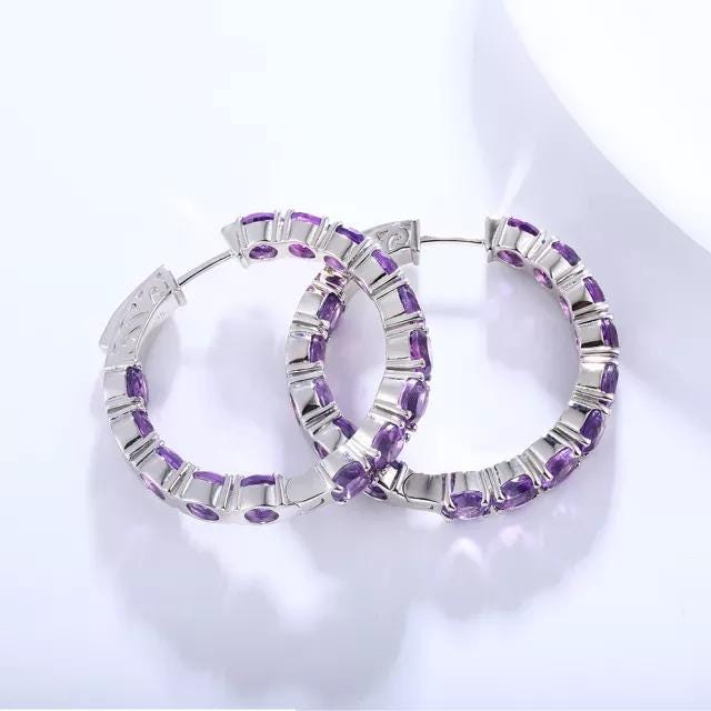 Sterling Silver Amethyst Hoop Earrings: Handmade Purple Gemstone Jewelry