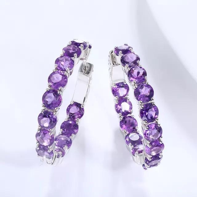 Sterling Silver Amethyst Hoop Earrings: Handmade Purple Gemstone Jewelry