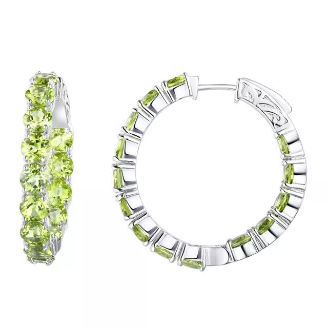 Peridot Hoop Earrings, Sterling Silver, Round Cut Gemstone, August Birthstone Rings