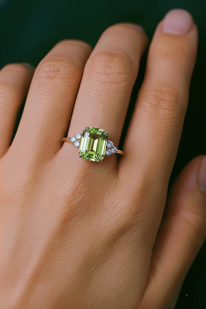 Emerald Cut Peridot Ring: Sterling Silver Green Stone Engagement Ring