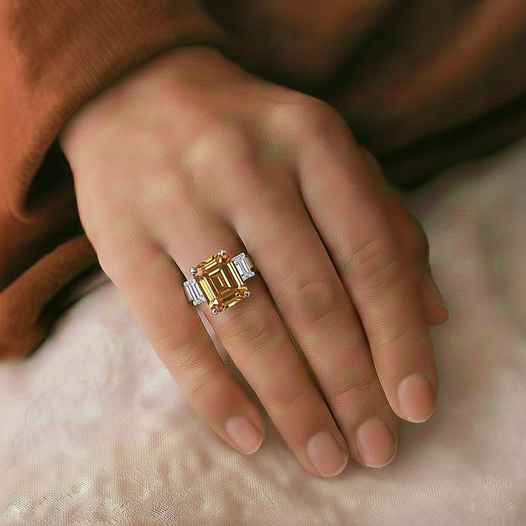 Emerald Cut Citrine Engagement Ring, Solid Yellow Gold, Vintage Bridal Promise Ring