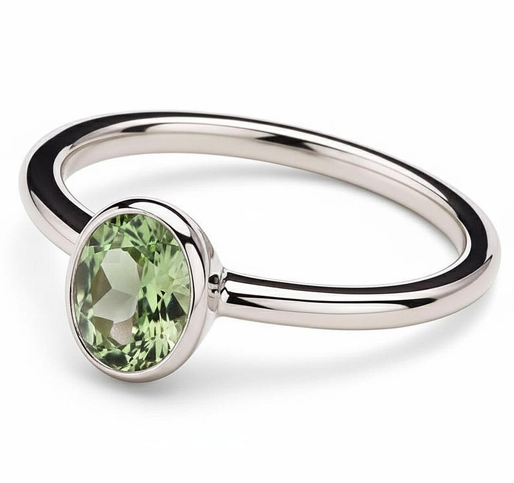 Oval Prasiolite Solitaire Ring, Sterling Silver Bezel Set, Everyday Women's Ring