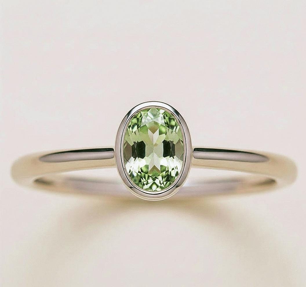 Oval Prasiolite Solitaire Ring, Sterling Silver Bezel Set, Everyday Women's Ring