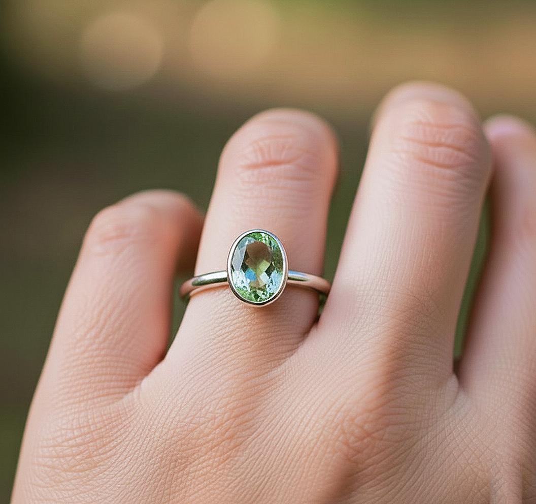 Oval Prasiolite Solitaire Ring, Sterling Silver Bezel Set, Everyday Women's Ring