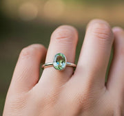 Oval Prasiolite Solitaire Ring, Sterling Silver Bezel Set, Everyday Women's Ring