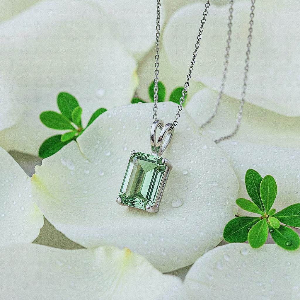 Green Amethyst Silver Pendant, 24K Gold Over 925K Solid Silver, handmade Pendant, Emerald Cut Pendant, Solitaire Natura Amethyst Pendant