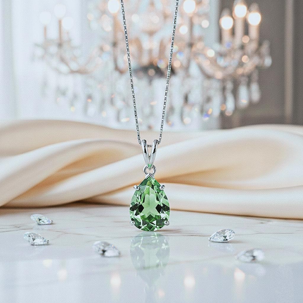 Green Amethyst Necklace, 925 Sterling Silver Pear Teardrop Pendant