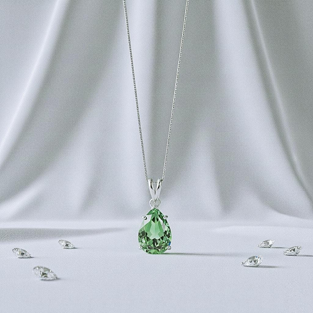 Green Amethyst Necklace, 925 Sterling Silver Pear Teardrop Pendant