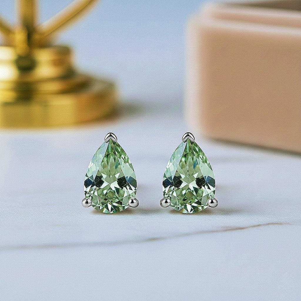 Green Amethyst Pear Stud Earrings, 18k Gold Vermeil, Dainty Silver