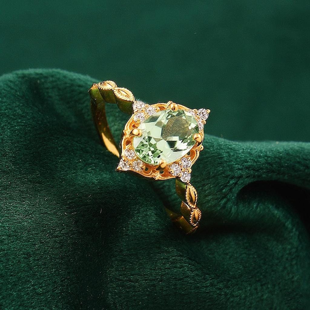 Green Amethyst Oval Ring 14k Yellow Gold Ring, Prasiolite Engagement Ring Dainty Diamond Accent Band, Minimalist Thin Gold Ring Gift For Her