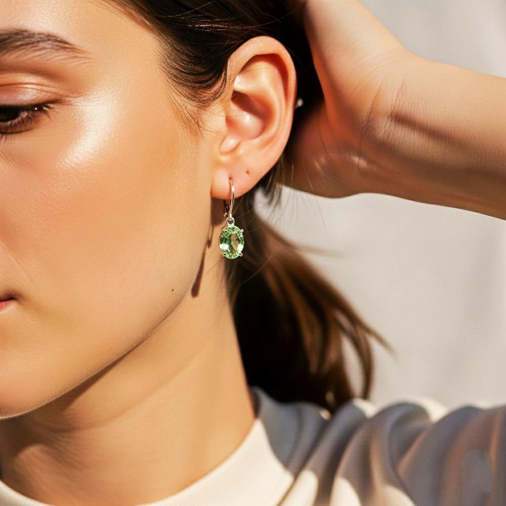 Handmade Green Amethyst Dangle Earrings: Sterling Silver, Oval Cut