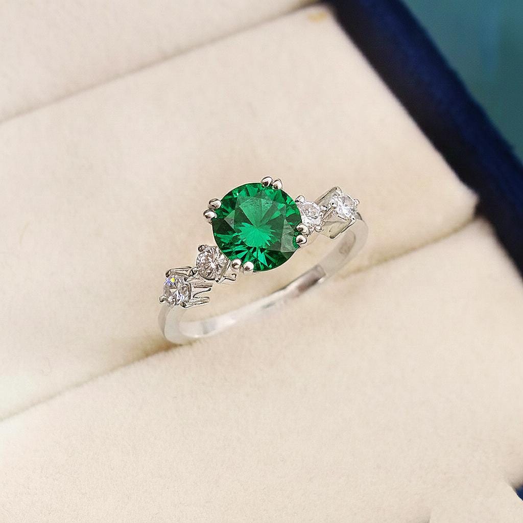Round Lab Emerald Engagement Ring: 14k Gold or Sterling Silver, Simulated Diamond Accents