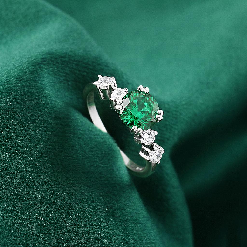 Round Lab Emerald Engagement Ring: 14k Gold or Sterling Silver, Simulated Diamond Accents
