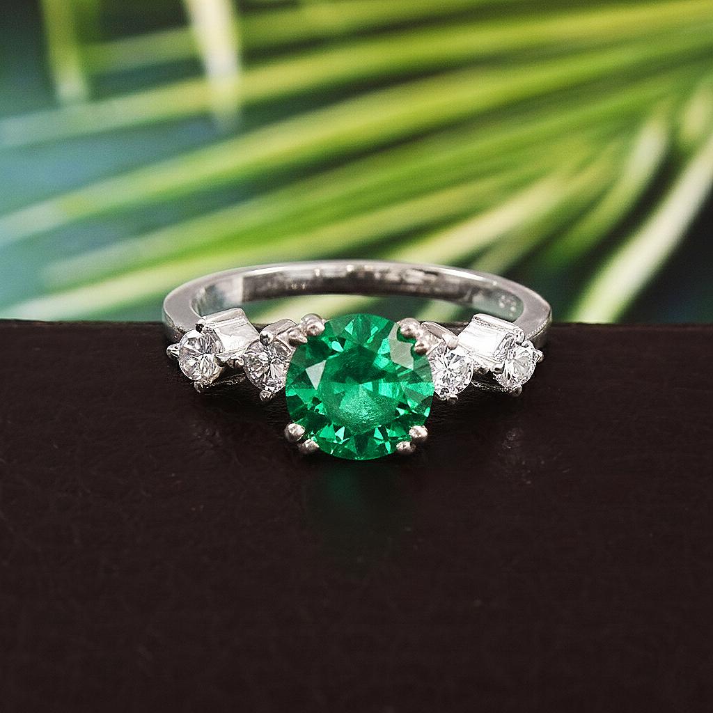 Round Lab Emerald Engagement Ring: 14k Gold or Sterling Silver, Simulated Diamond Accents