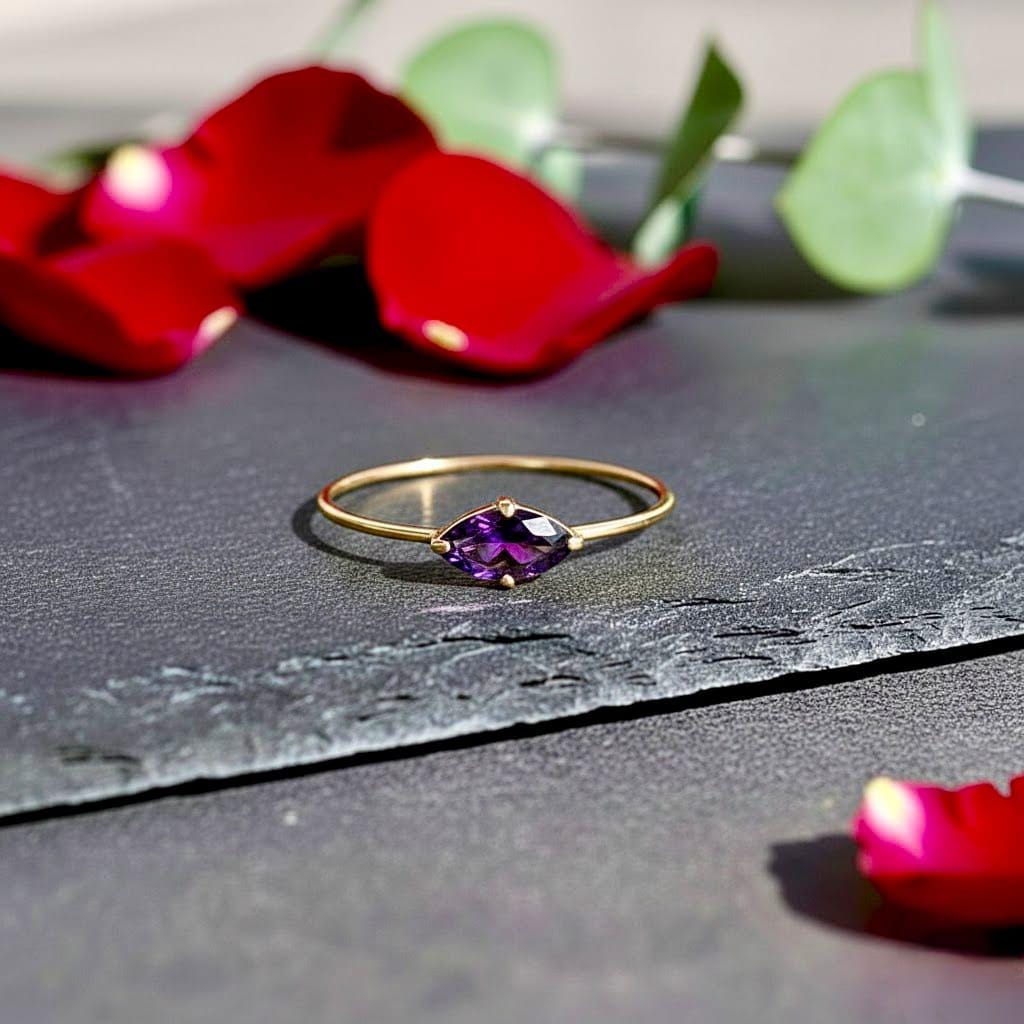 Vintage Marquise Cut Amethyst Engagement Ring Cluster Diamond Wedding Ring Single Stone Ring Delicate 14k Solid Gold Diamond Promise Ring