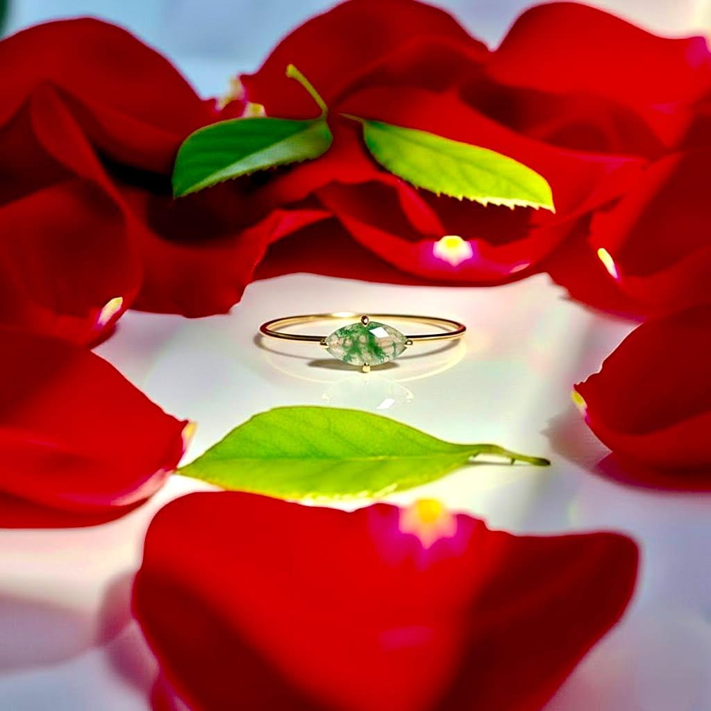 Vintage Marquise Cut Moss agate Engagement Ring Cluster Diamond Wedding Ring Single Stone Ring Delicate 14k Solid Gold Diamond Promise Ring