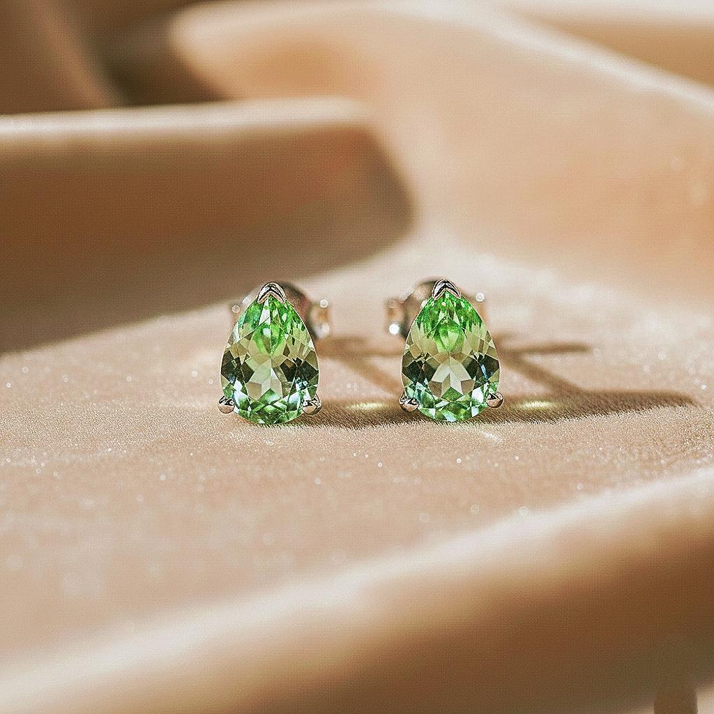 Green Amethyst Pear Stud Earrings, 18k Gold Vermeil, Dainty Silver