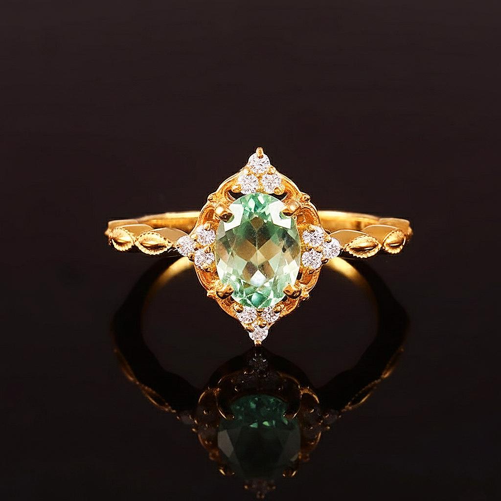 Green Amethyst Oval Ring 14k Yellow Gold Ring, Prasiolite Engagement Ring Dainty Diamond Accent Band, Minimalist Thin Gold Ring Gift For Her