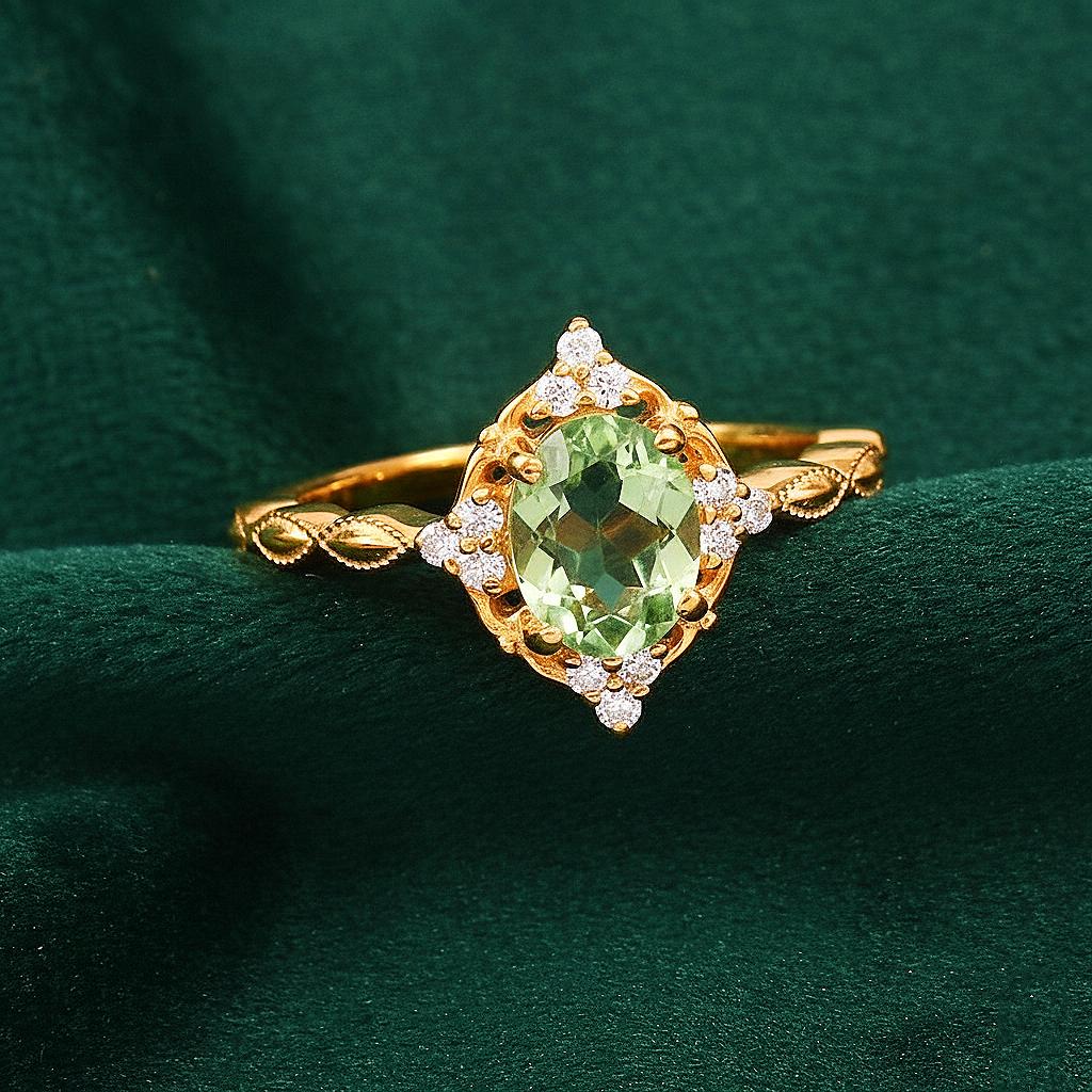Green Amethyst Oval Ring 14k Yellow Gold Ring, Prasiolite Engagement Ring Dainty Diamond Accent Band, Minimalist Thin Gold Ring Gift For Her