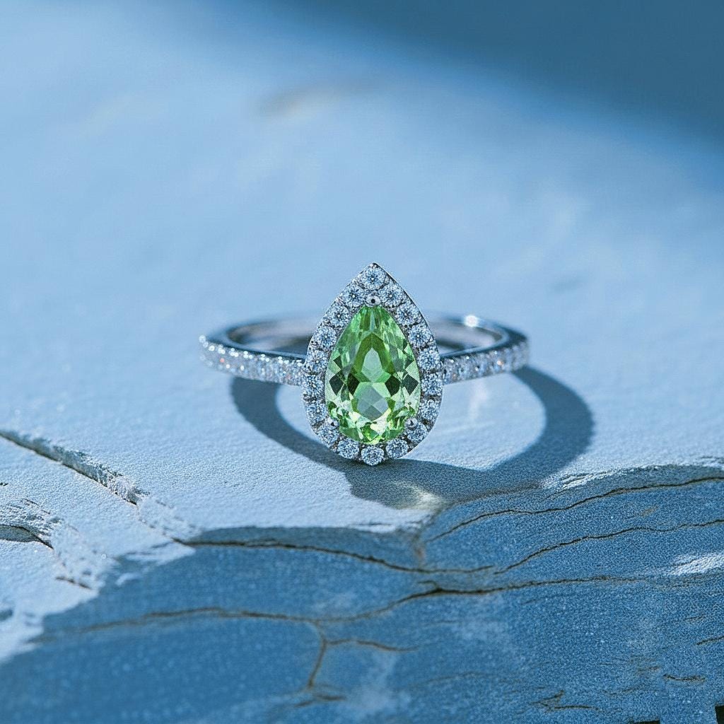 Pear Cut Green Amethyst Engagement Ring, Diamond Bridal Ring, Yellow Gold Plated, Promise Amethyst,Birthstone Ring, Birthday Gift For Mother