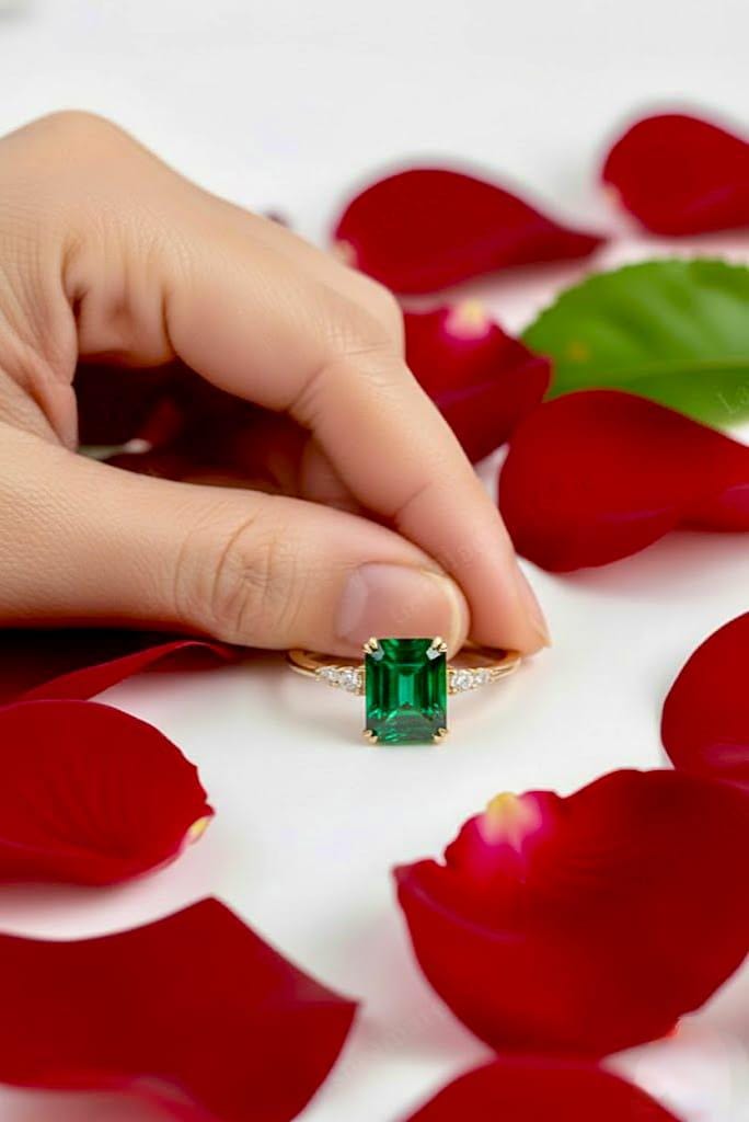 Genuine Emerald Gold Ring, 14K Gold Vermeil Emerald Engagement Ring, Statement Ring, Birthday gift for her