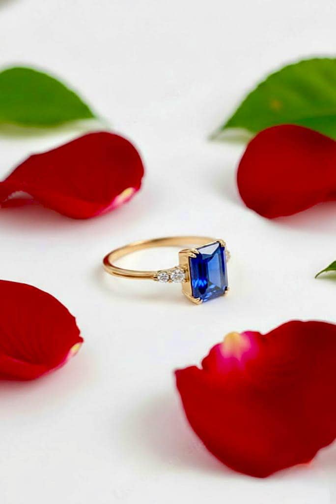 Lab Blue Sapphire Ring 14K Gold Vermeil, September Birthstone Jewelry, Engagement Ring, Anniversary Birthday gift for her