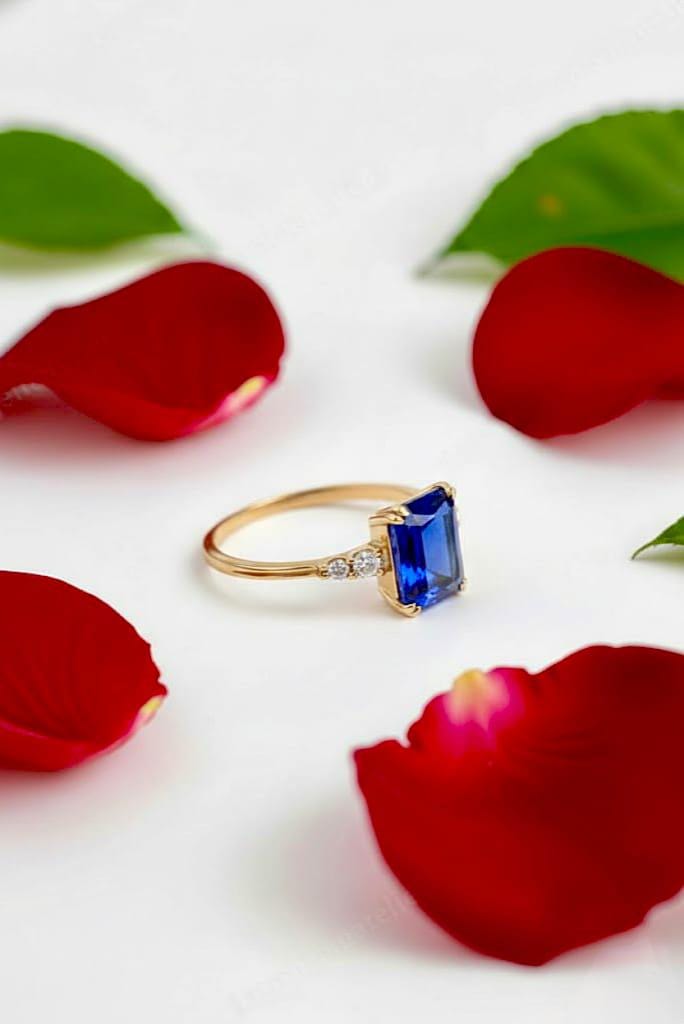 Lab Blue Sapphire Ring 14K Gold Vermeil, September Birthstone Jewelry, Engagement Ring, Anniversary Birthday gift for her