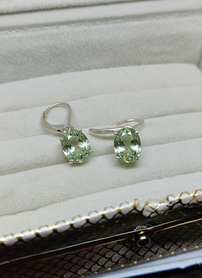 Handmade Green Amethyst Dangle Earrings: Sterling Silver, Oval Cut